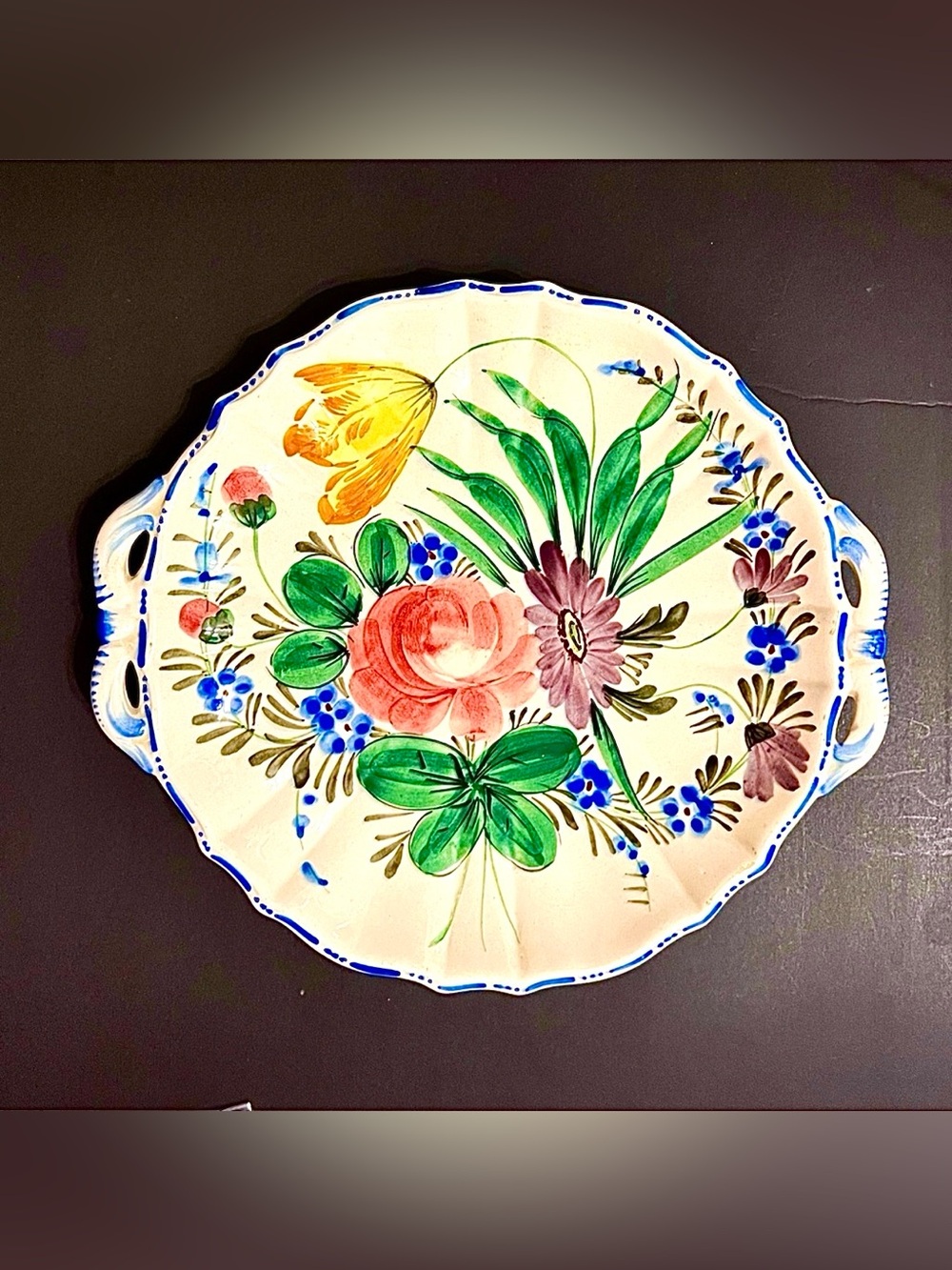 Vintage Italian Majolica Nova Rose Hand Painted Handled Platter 11.75”